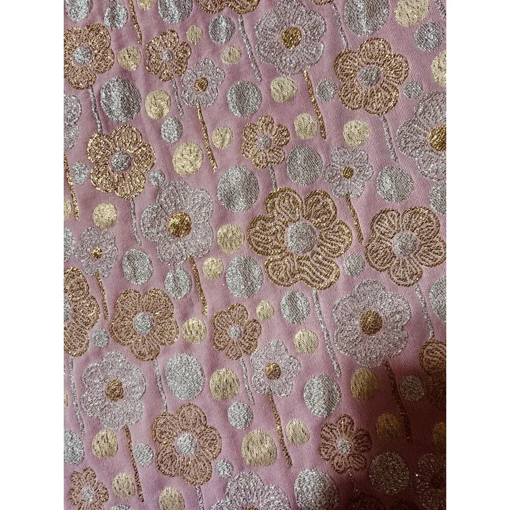 *Vintage 1970s Quilted Gold And Silver Flowers Embroidered Pink Maxi Skirt Small